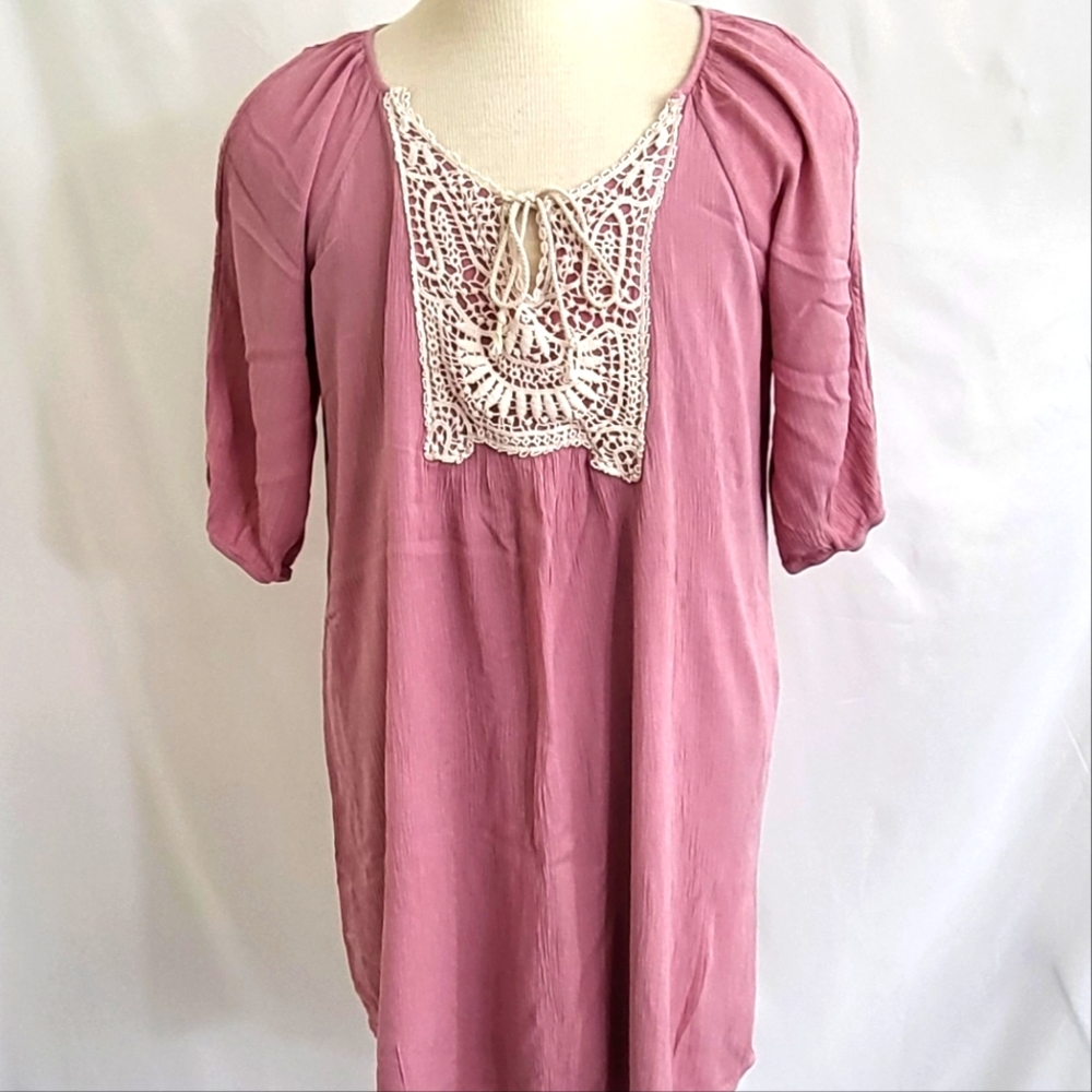 Naif Boho Crochet Crinkle Tunic Dress Rose cut open sleeves Size 1x lined